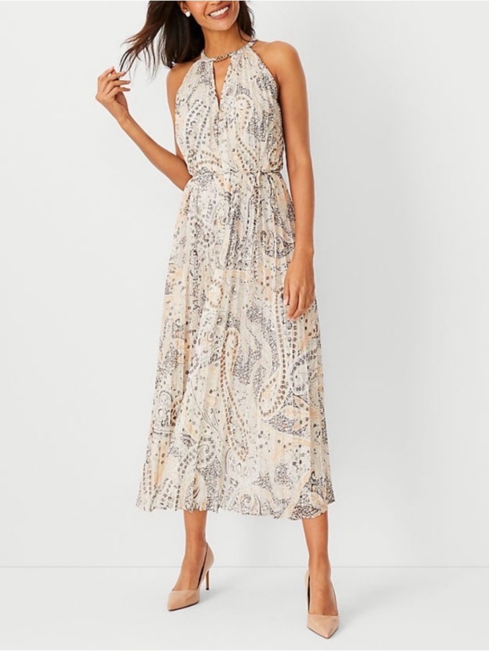 Ann Taylor Paisley Chain Pleated Halter Maxi Dress Sz XS - NWT